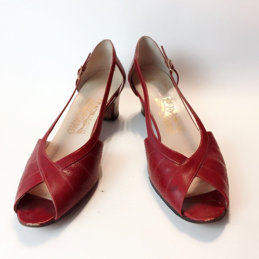 Salvatore Ferragamo Peep Toe Low Heel Sandals